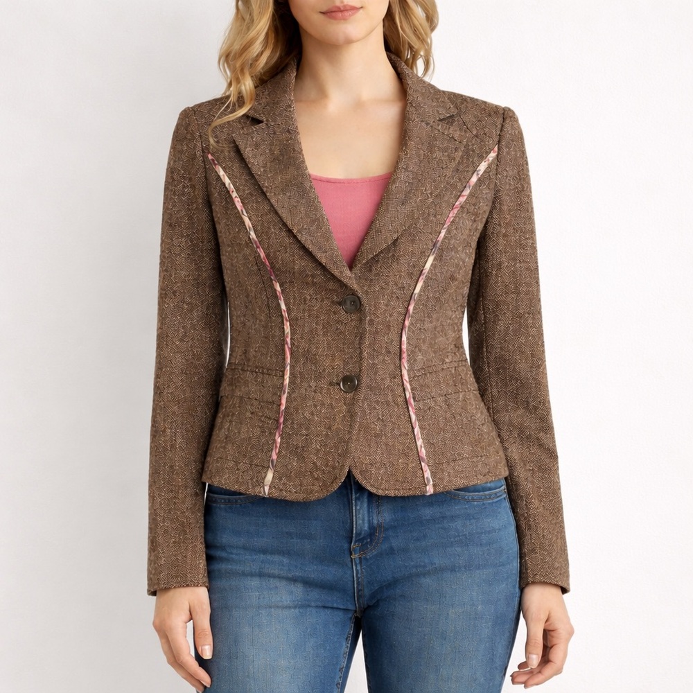 DKNY Jeans Brown Textured Blazer Jacket Pink Floral Trim Y2K Medium 💕